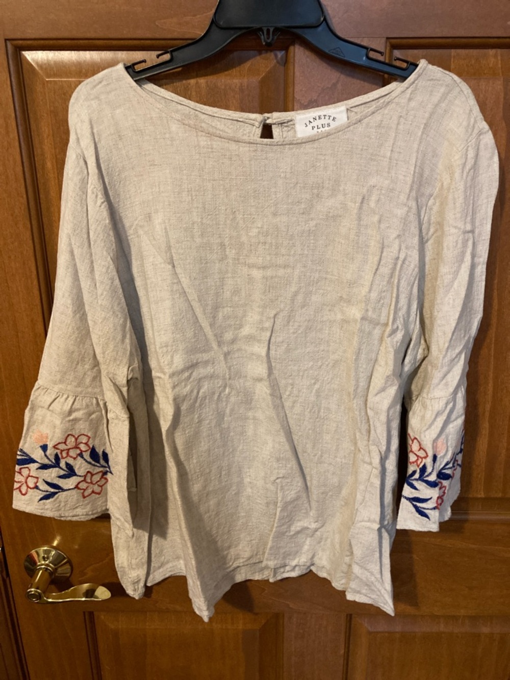 Janette Plus Cream Embroidered Bell-Sleeve Tunic with Blue & Pink Floral Detail